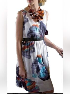 leifsdottir Cream Dress with Black Waist and Painterly Floral Accents